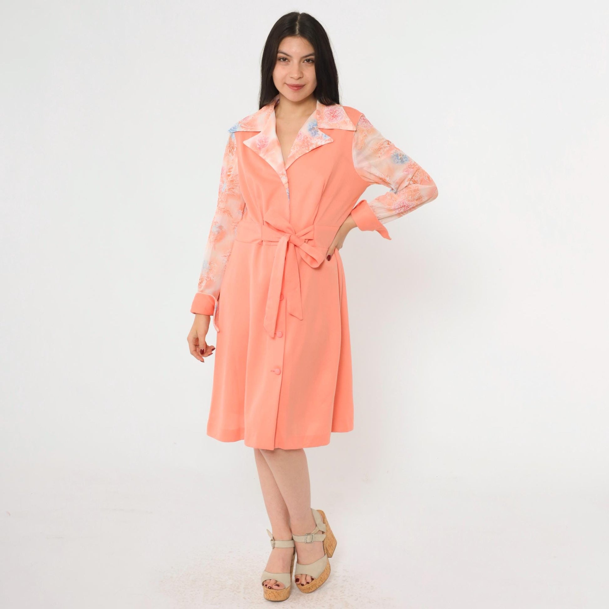 70s Peach Floral Button-Up Midi Dress High Waist Long Sleeve Collared Large L