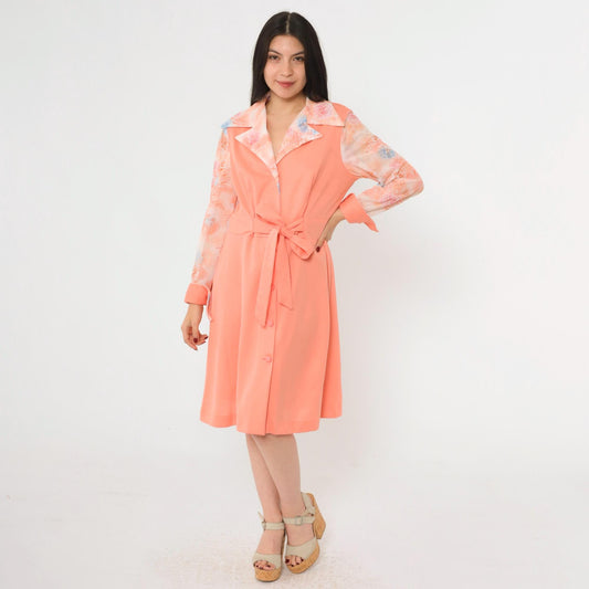 70s Peach Floral Button-Up Midi Dress High Waist Long Sleeve Collared Large L