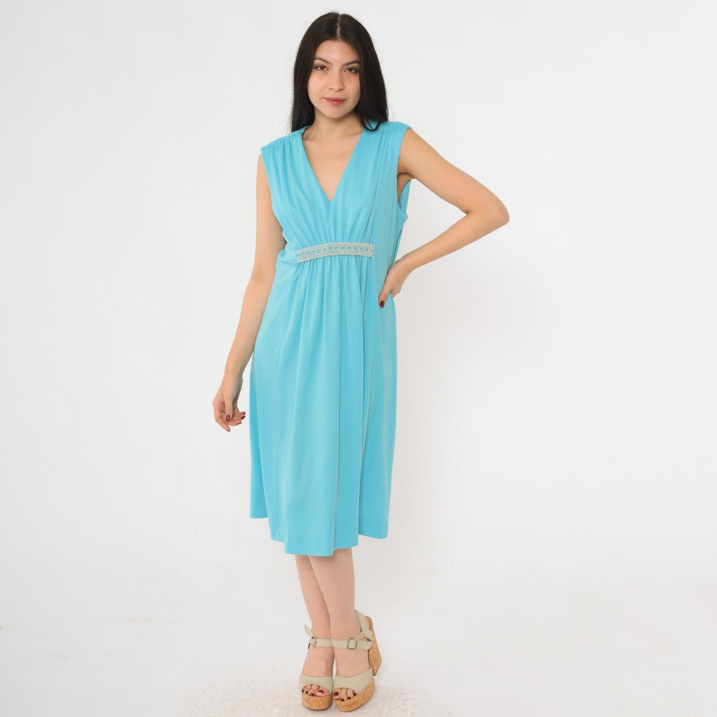 70s Blue Grecian Midi Dress Empire Waist Embroidered V Neck Sleeveless Medium