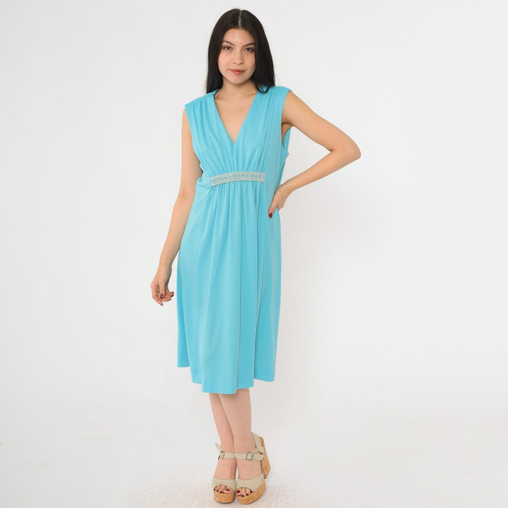 70s Blue Grecian Midi Dress Empire Waist Embroidered V Neck Sleeveless Medium