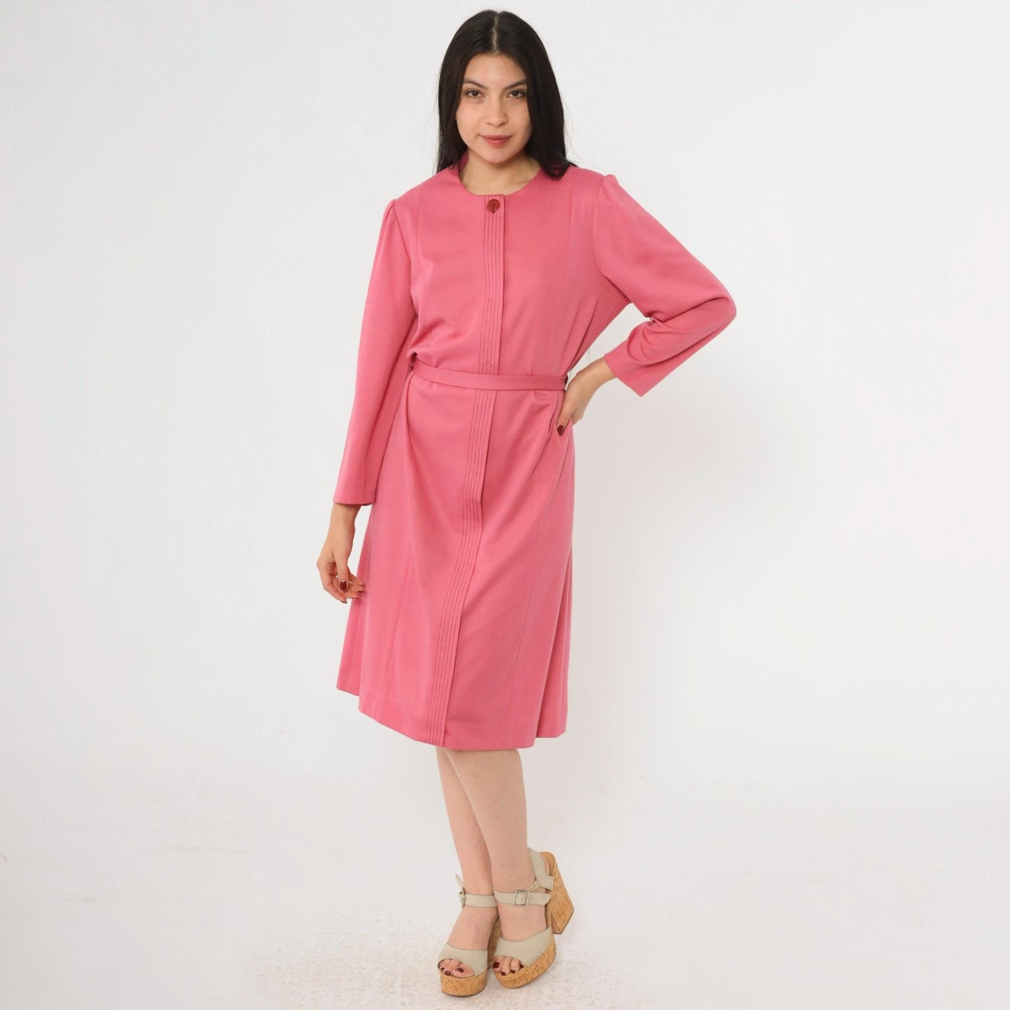 70s Pink Button-Up Shirtdress A-Line Midi Puff Sleeve Tie Belt Large