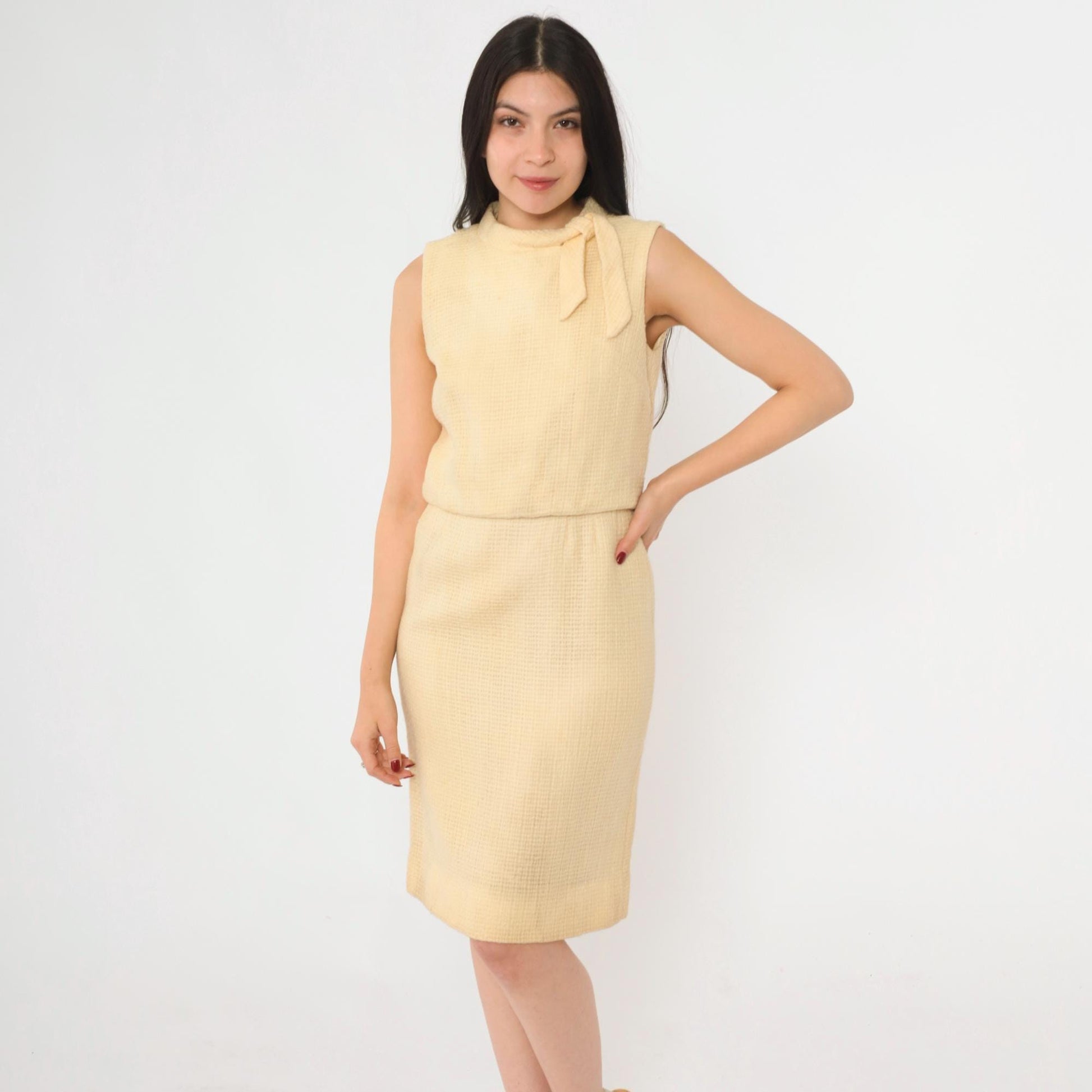 1960s Cream Wool Dress Sleeveless Bow Neck Fitted Knee Length Small S
