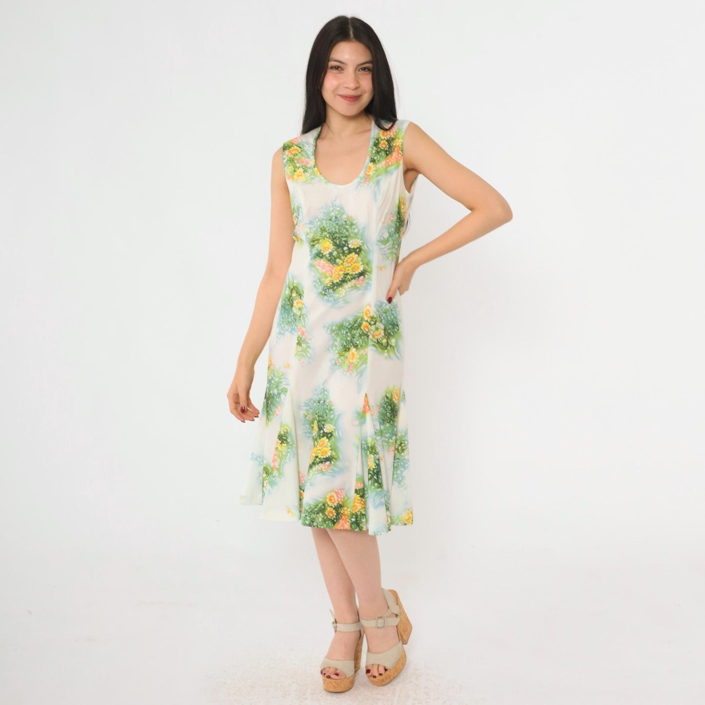 70s White Floral Print Sleeveless Dress Green Yellow Midi A-Line Medium 8