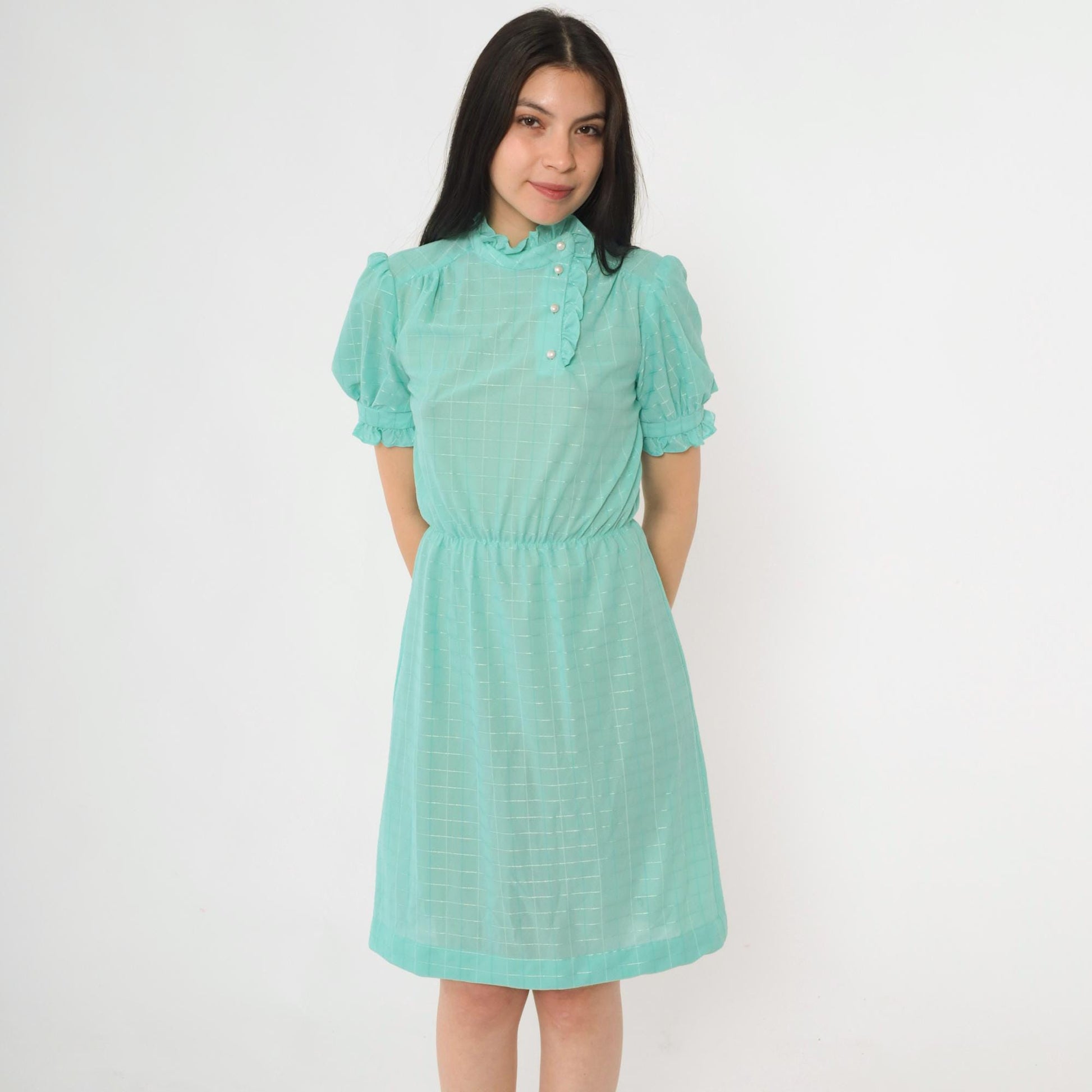 80s Seafoam Checkered Midi Dress Puff Sleeve Button-Up Ruffle Neckline Small