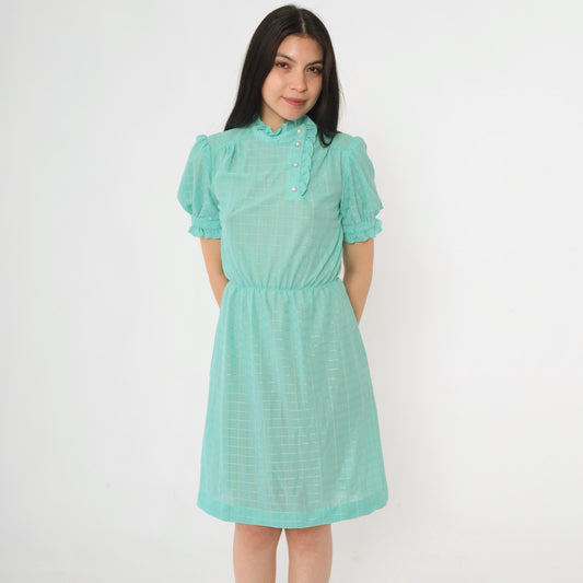 80s Seafoam Checkered Midi Dress Puff Sleeve Button-Up Ruffle Neckline Small