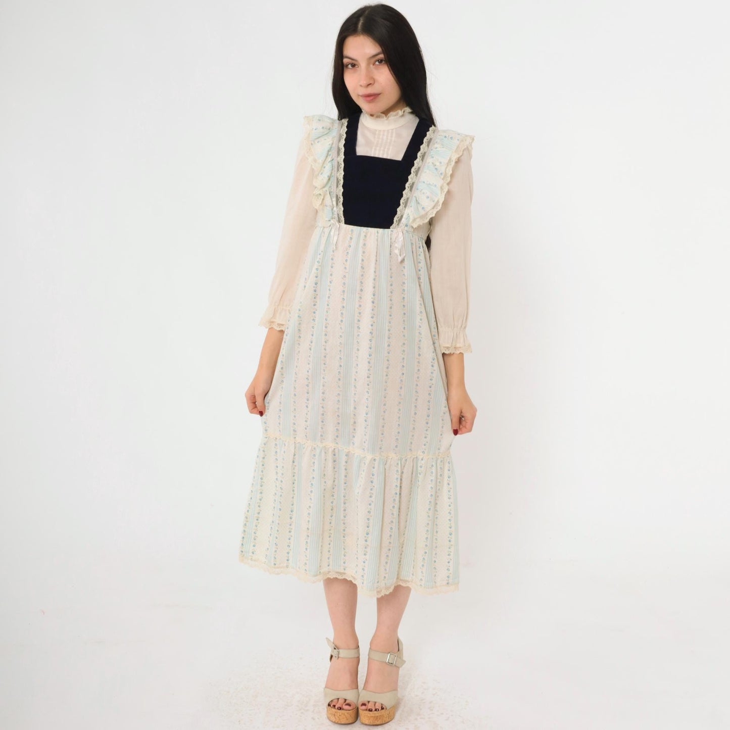 70s Prairie Midi Dress Blue Floral Velvet Bib Lace Ruffle High Neck XXS