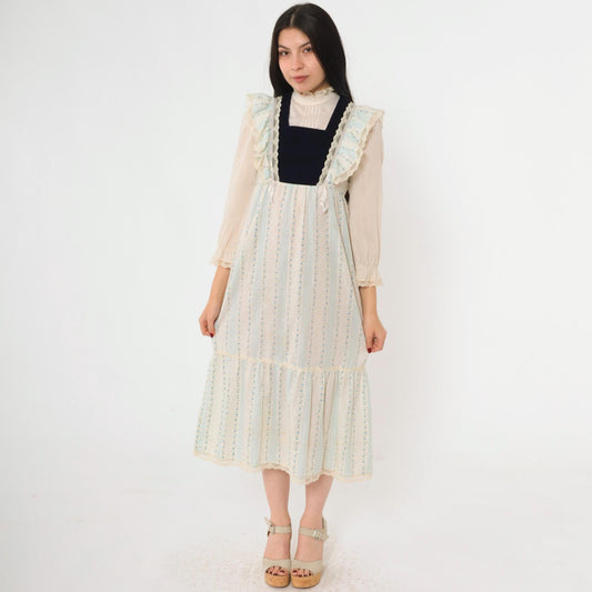 70s Prairie Midi Dress Blue Floral Velvet Bib Lace Ruffle High Neck XXS