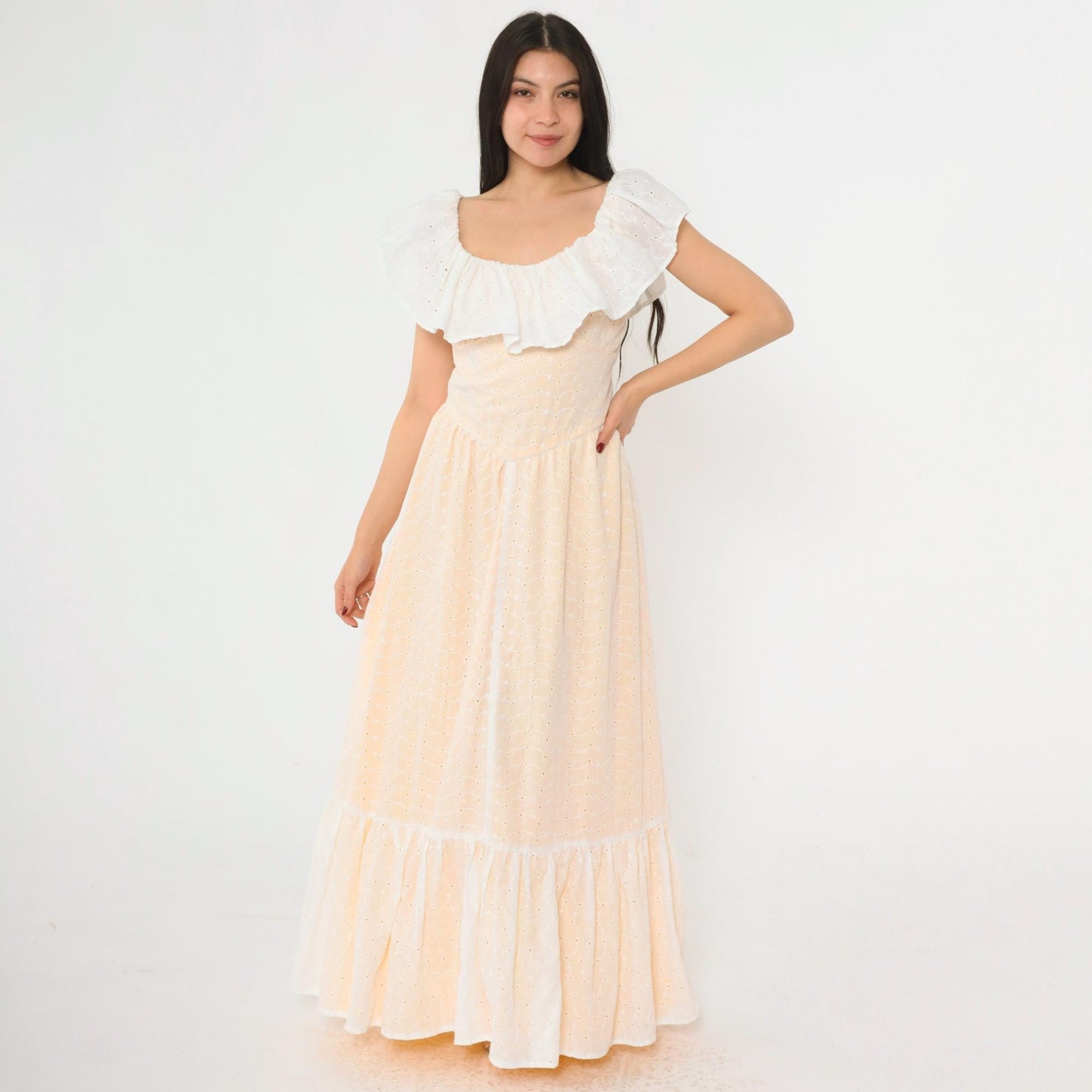 70s White Eyelet Lace Maxi Dress Yellow Lining Ruffled Off-Shoulder Small