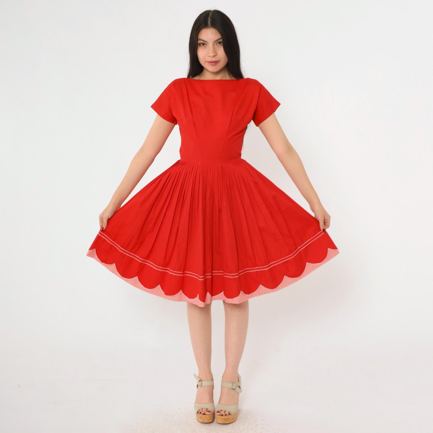 60s Red Pleated Dress Gingham Trim Boatneck Short Sleeve Knee Length Extra Small