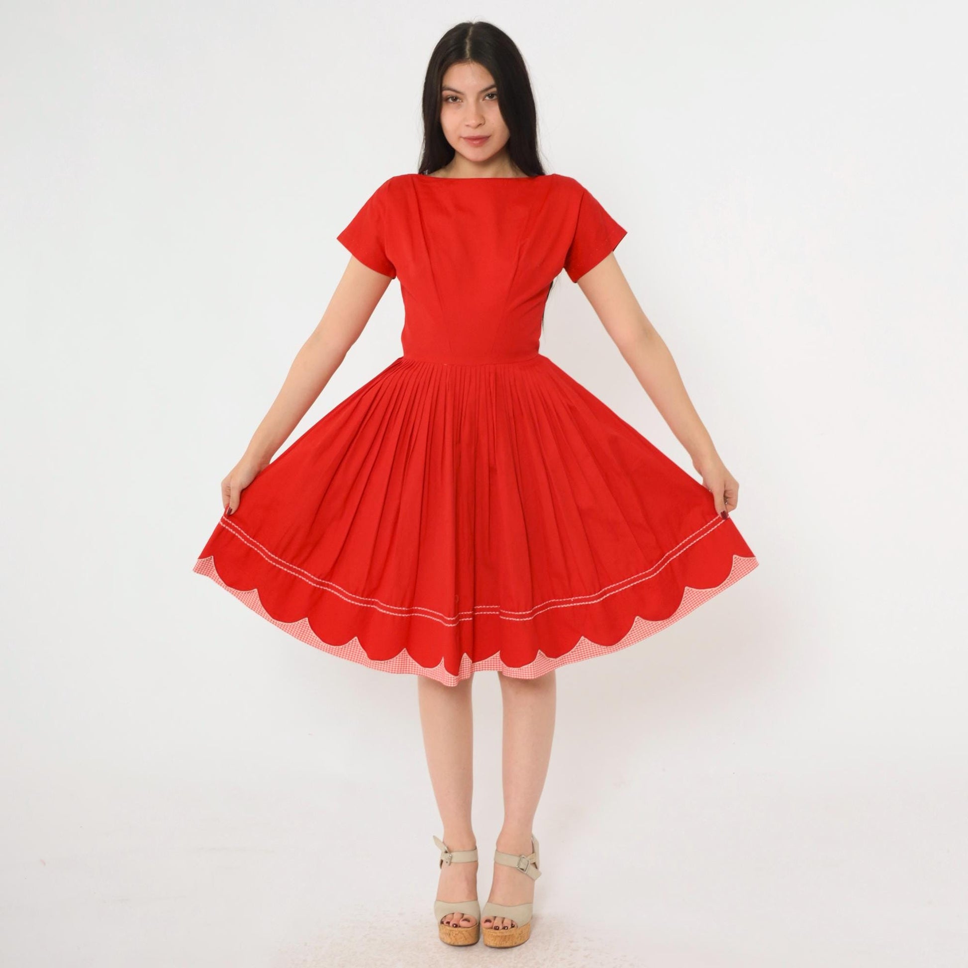 60s Red Pleated Dress Gingham Trim Boatneck Short Sleeve Knee Length Extra Small
