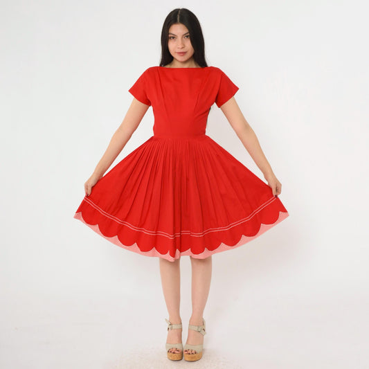 60s Red Pleated Dress Gingham Trim Boatneck Short Sleeve Knee Length Extra Small