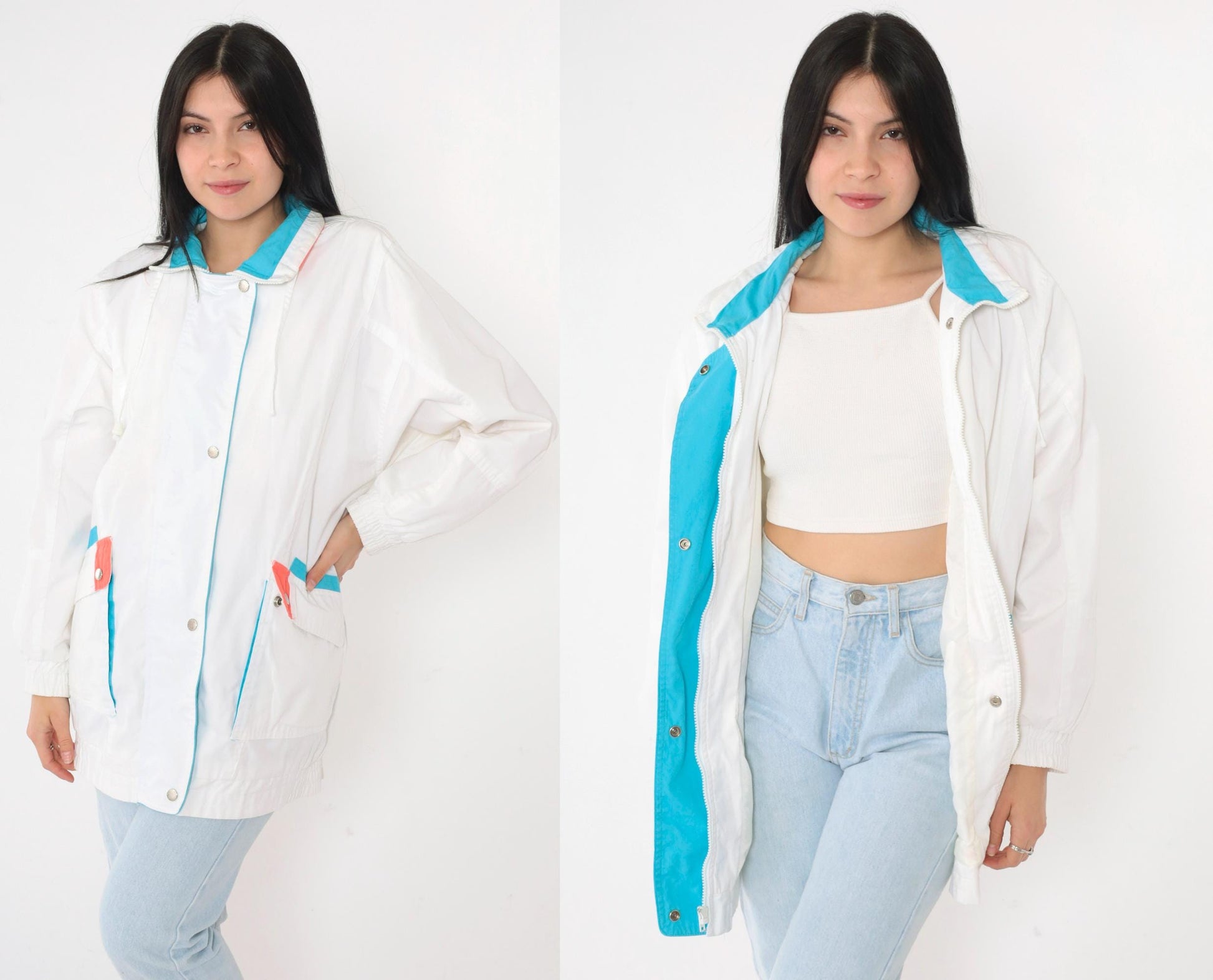 80s White Windbreaker Jacket Snap Zip Blue Coral Trim Small S