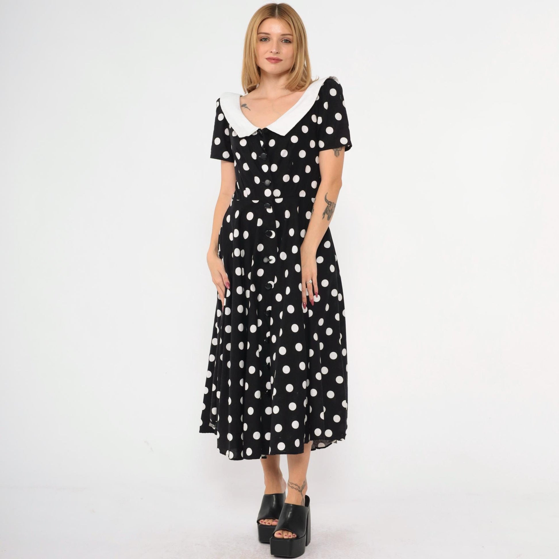 80s Black White Polka Dot Midi Shirtdress High Waist Button Up Cotton Medium