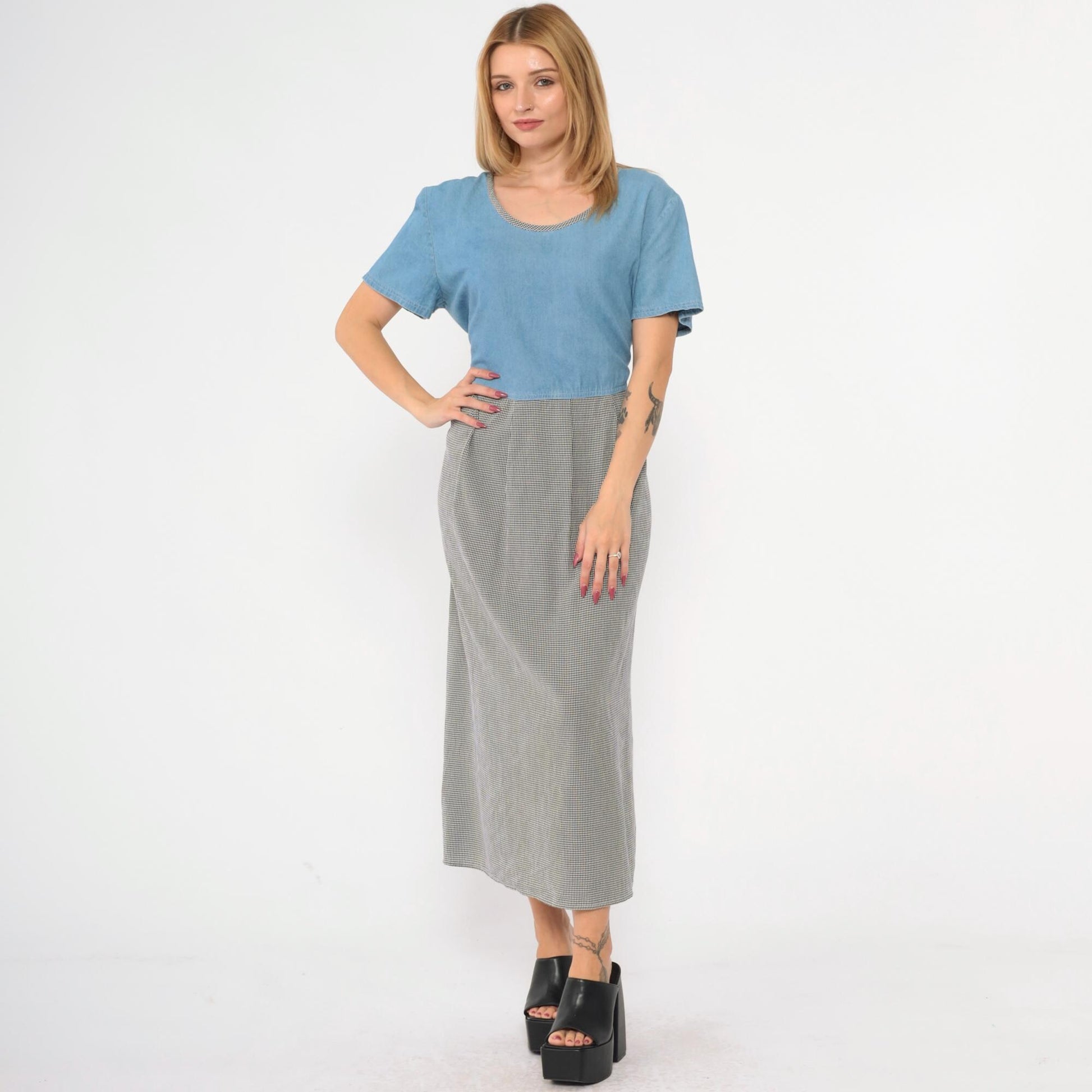 90s Blue Denim Checkered Maxi Dress Scoop Neck Short Sleeve Large 14