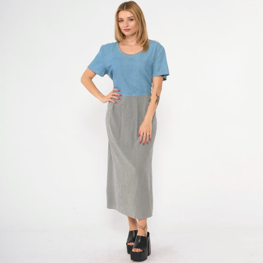 90s Blue Denim Checkered Maxi Dress Scoop Neck Short Sleeve Large 14