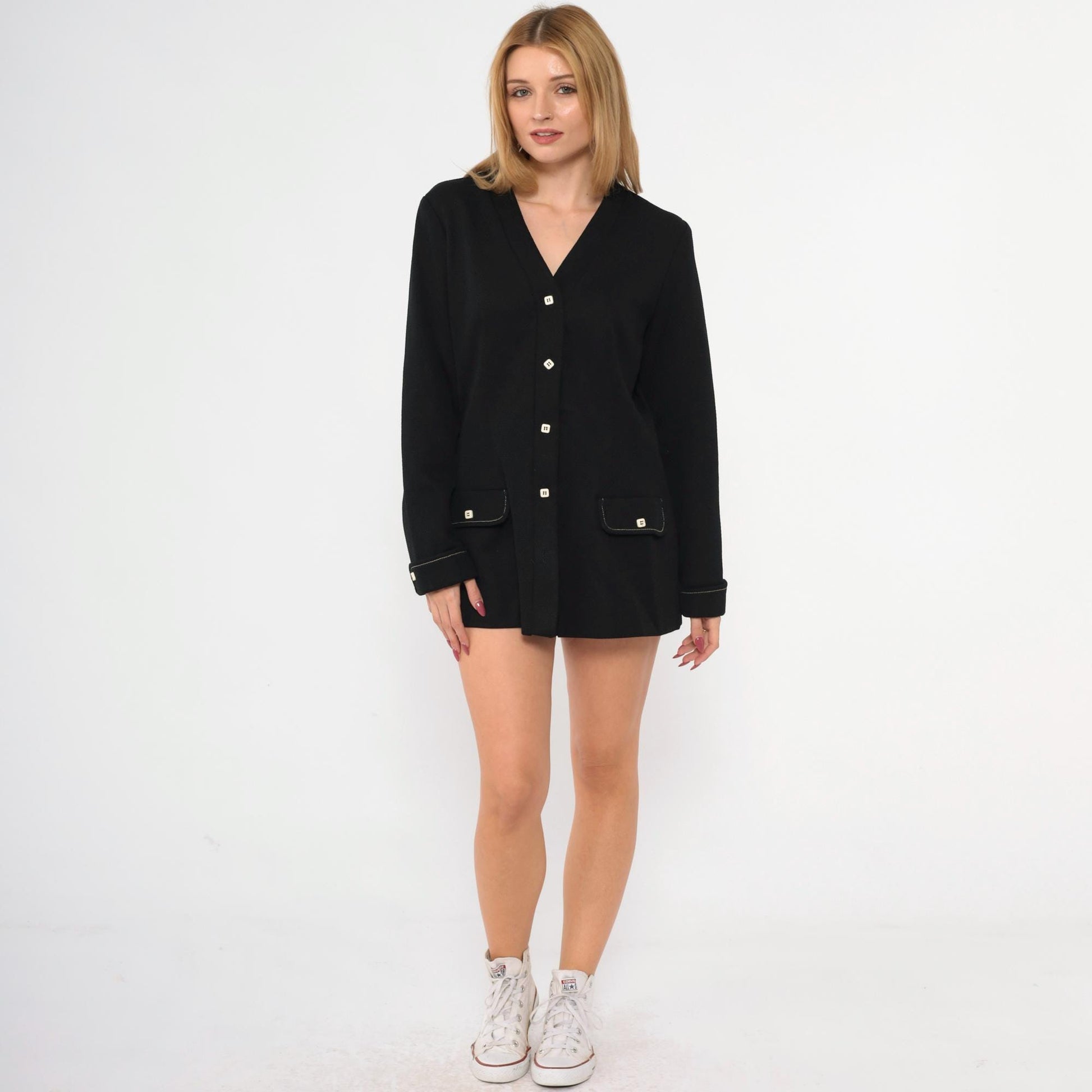 70s Black Polyester Blazer Button-Up Jacket V-Neck Mod Disco Medium Large