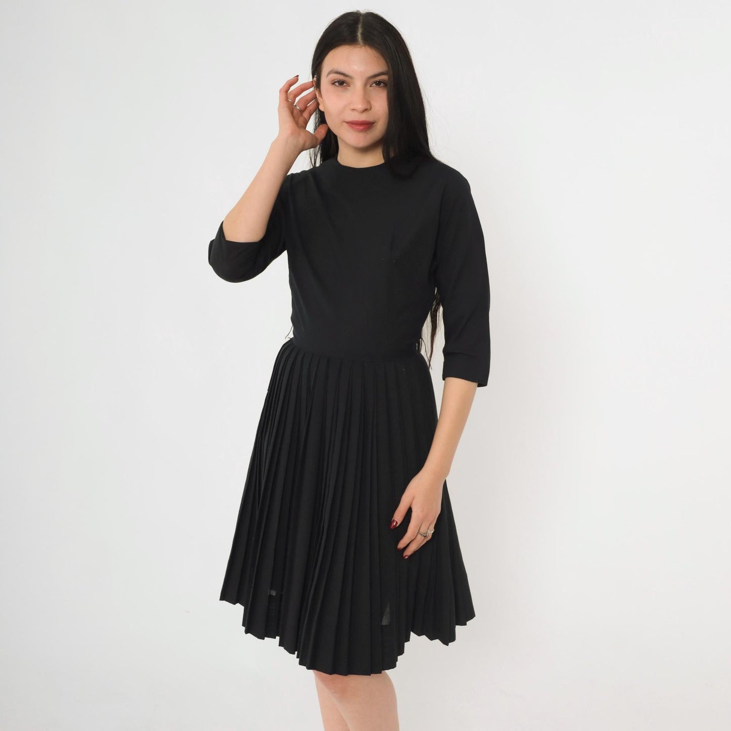 60s Howard Wolf Black Pleated Cocktail Dress 3/4 Sleeve Tailored Extra Small XS