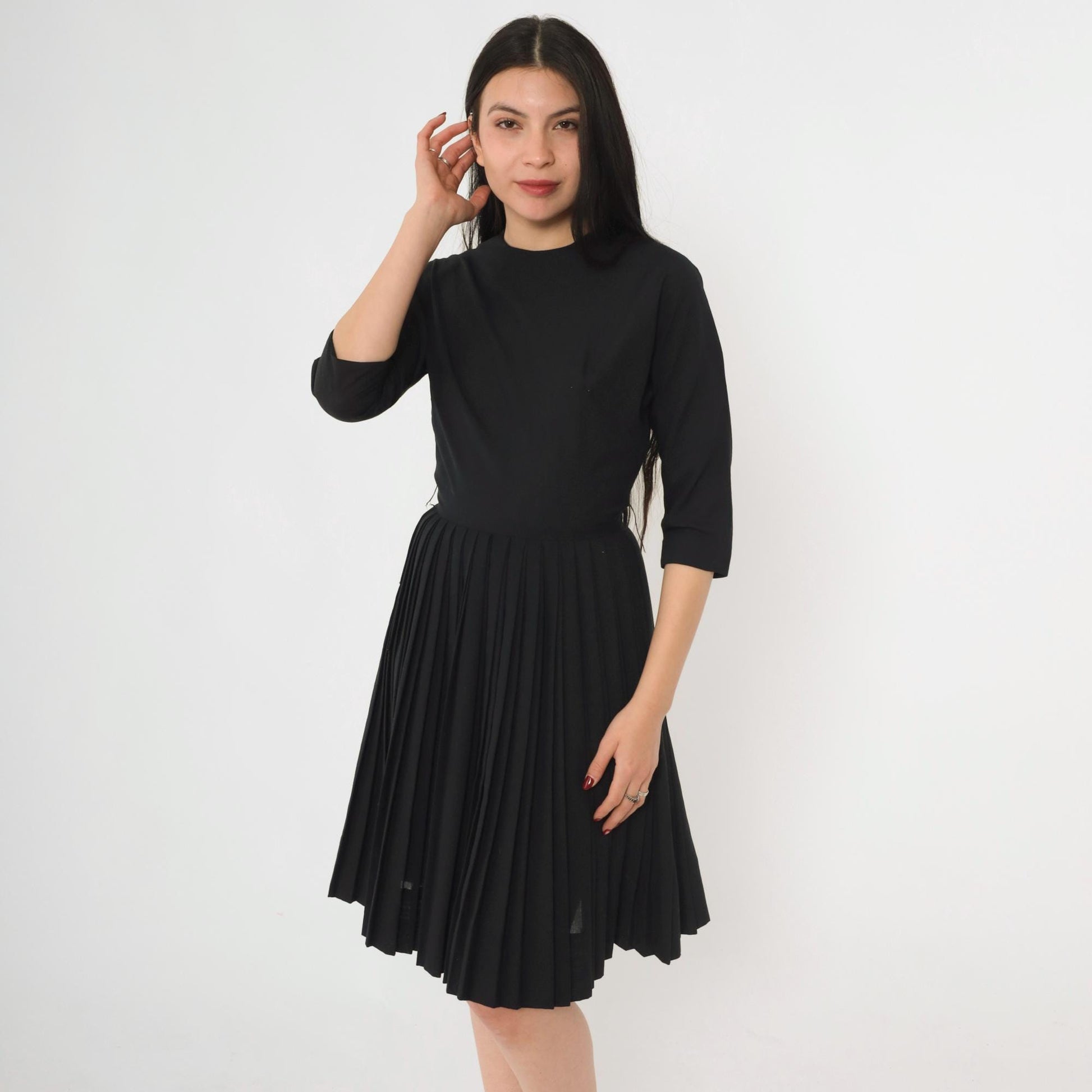 60s Howard Wolf Black Pleated Cocktail Dress 3/4 Sleeve Tailored Extra Small XS