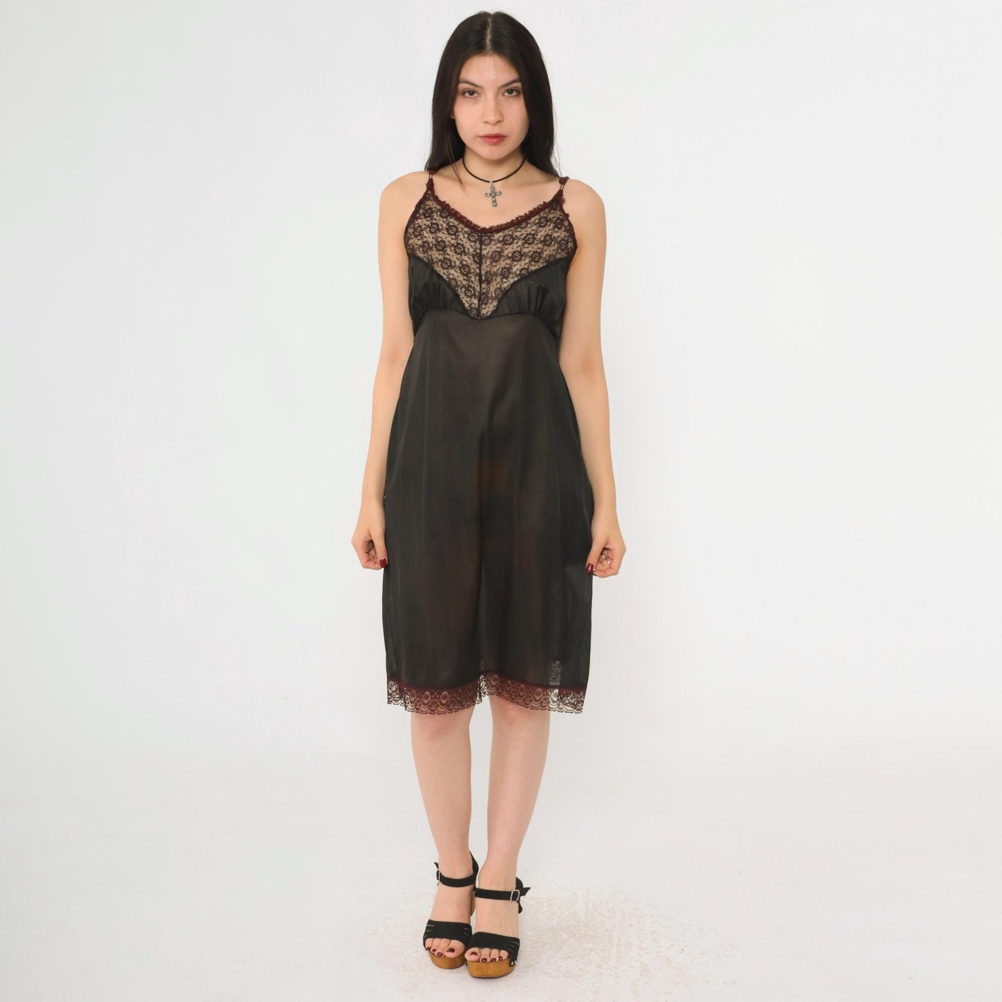 1960s Black Lace Slip Dress Empire Waist Spaghetti Strap Sheer Medium