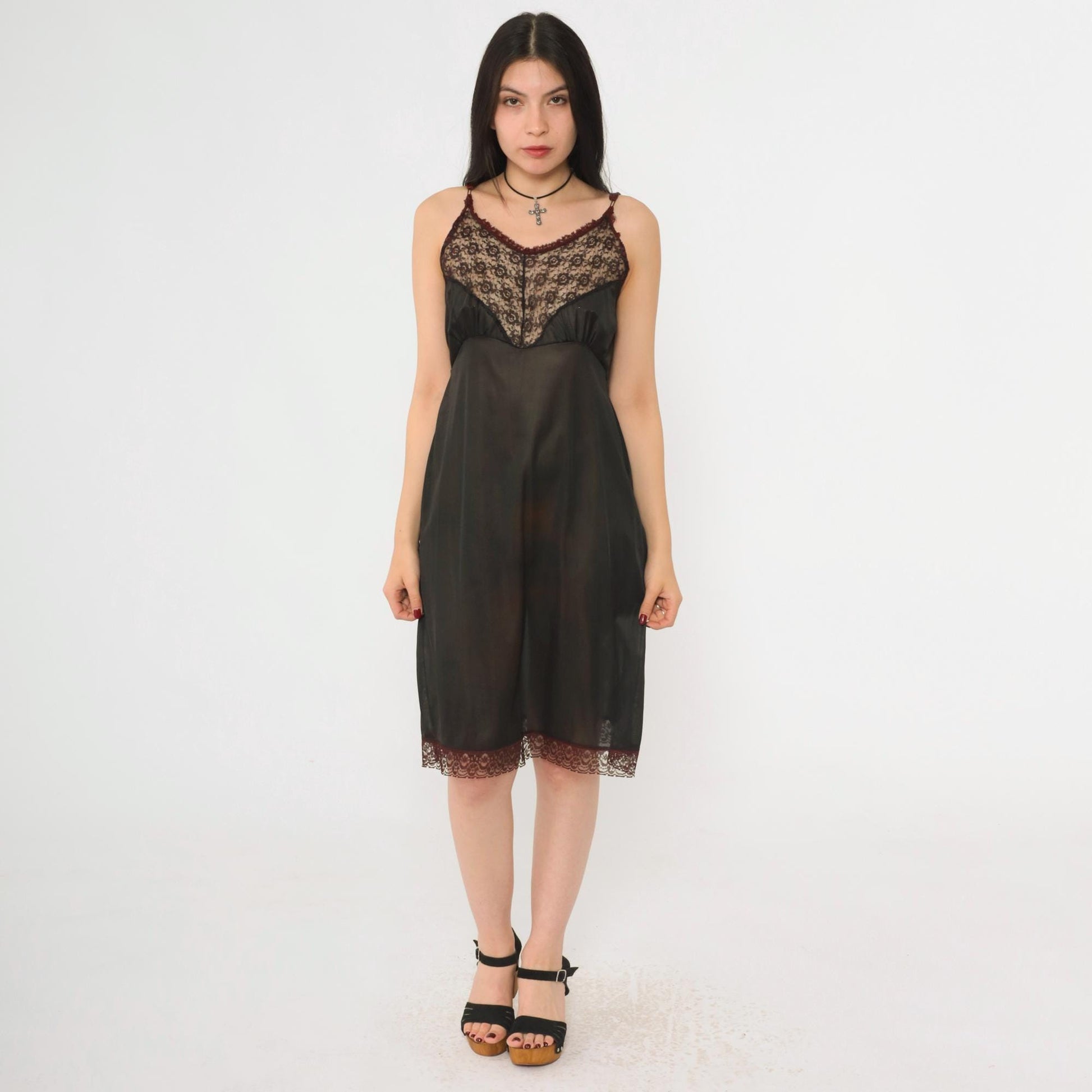 1960s Black Lace Slip Dress Empire Waist Spaghetti Strap Sheer Medium