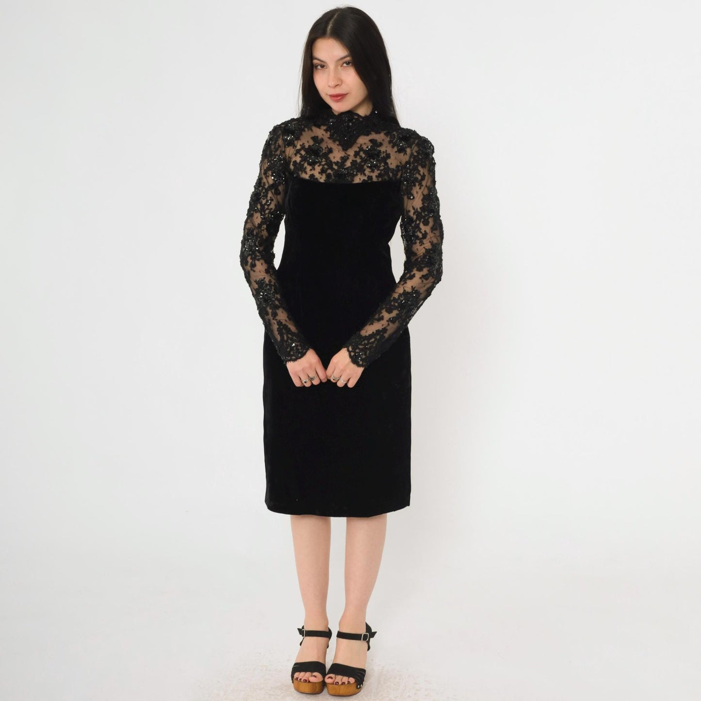 80s Oscar de la Renta Black Velvet Cocktail Dress Illusion Neckline Small