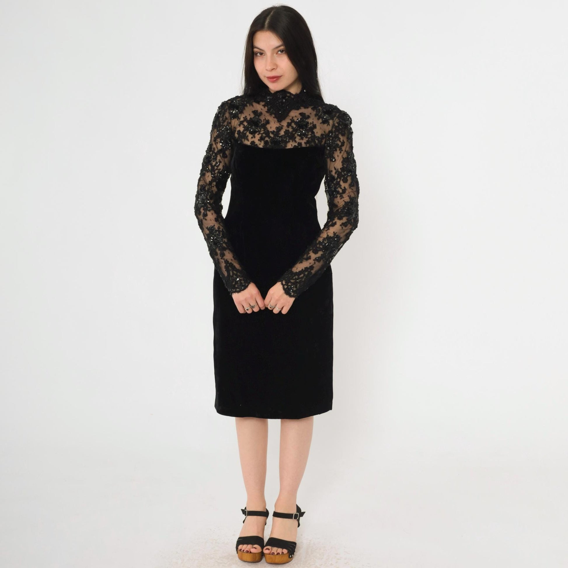 80s Oscar de la Renta Black Velvet Cocktail Dress Illusion Neckline Small