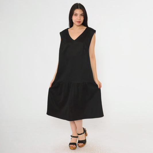 1960s Black Drop Waist Midi Dress Sleeveless V Neck Mod Large