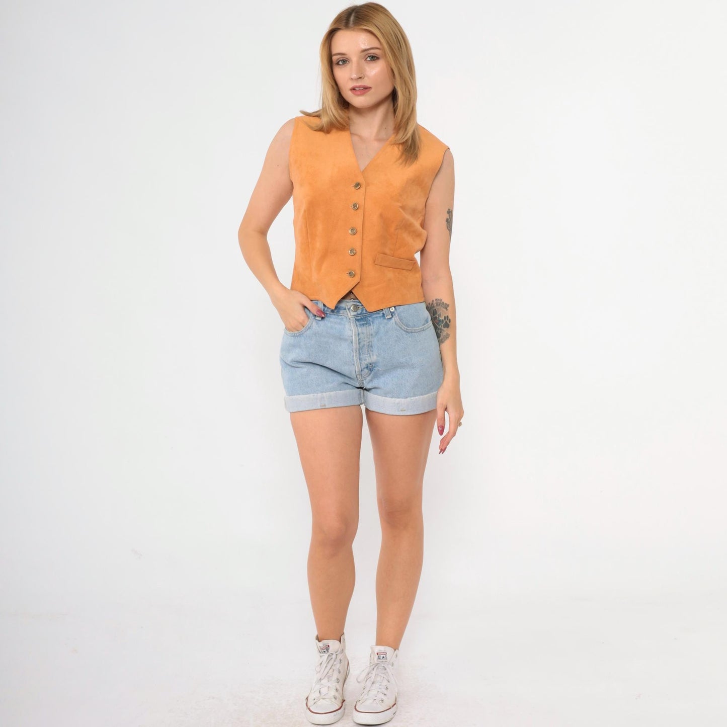 80s Orange Faux Suede Vest Button-Up Tailored Sleeveless Small