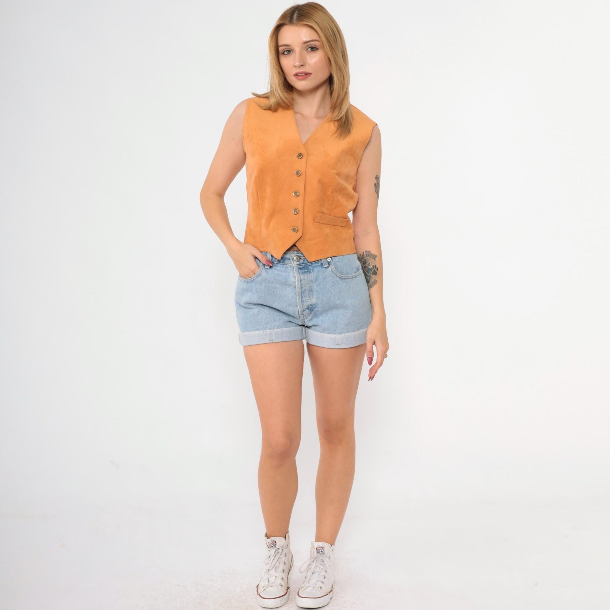 80s Orange Faux Suede Vest Button-Up Tailored Sleeveless Small