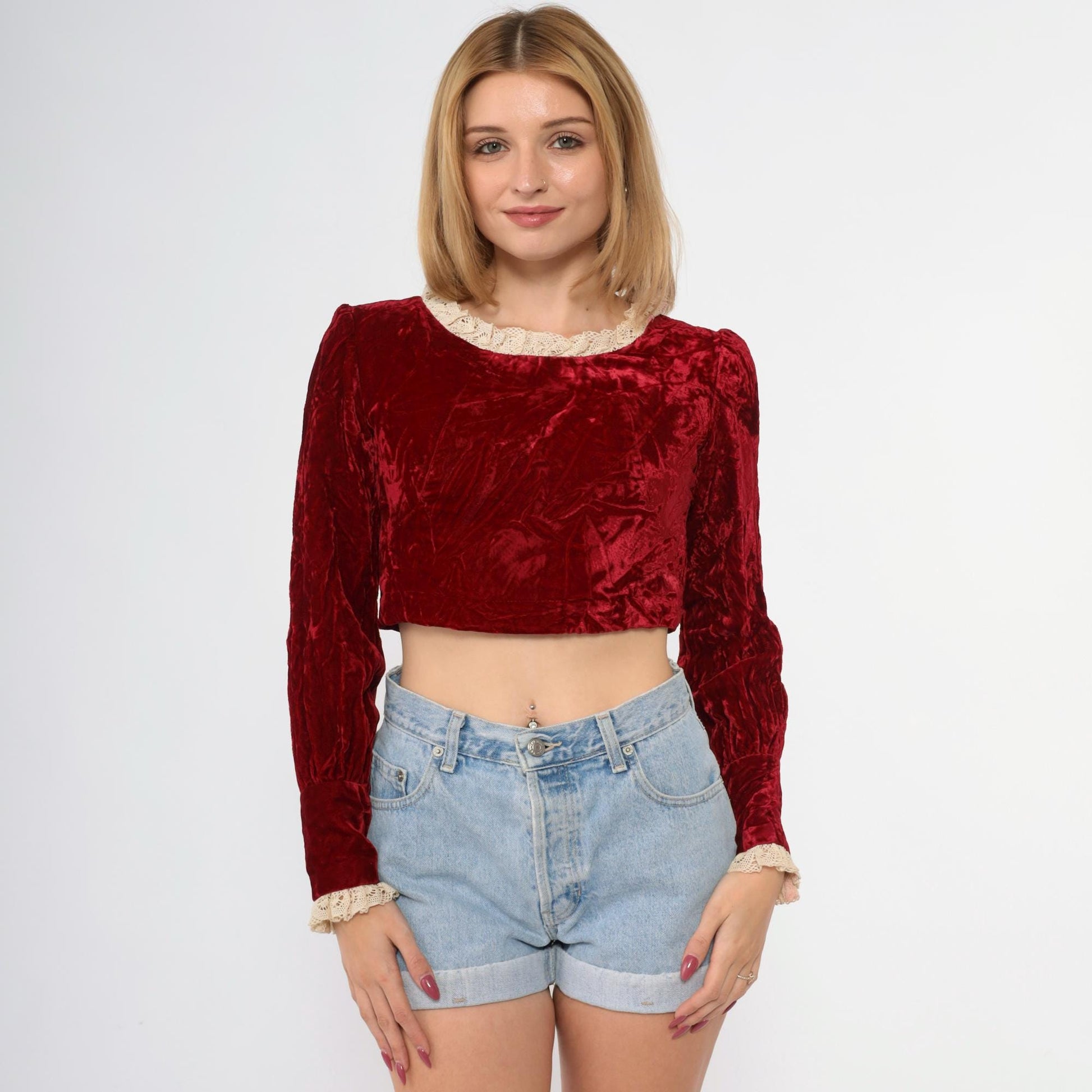 60s Red Velvet Crop Top Lace Trim Puff Sleeve Blouse Extra Small