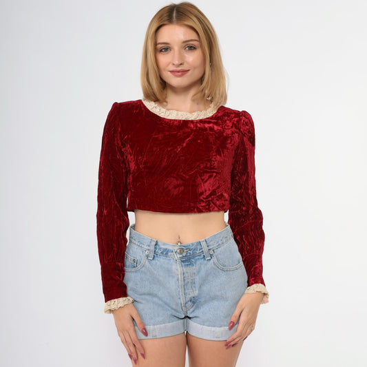 60s Red Velvet Crop Top Lace Trim Puff Sleeve Blouse Extra Small