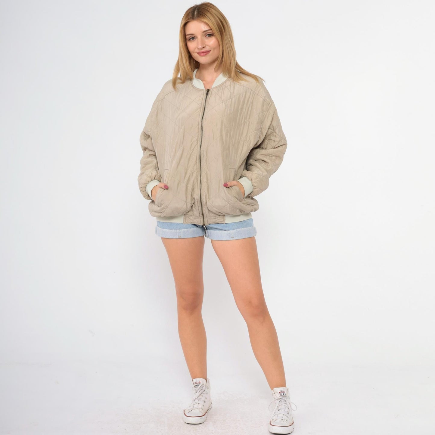 90s Taupe Quilted Silk Bomber Jacket Zip-Up Windbreaker Large L