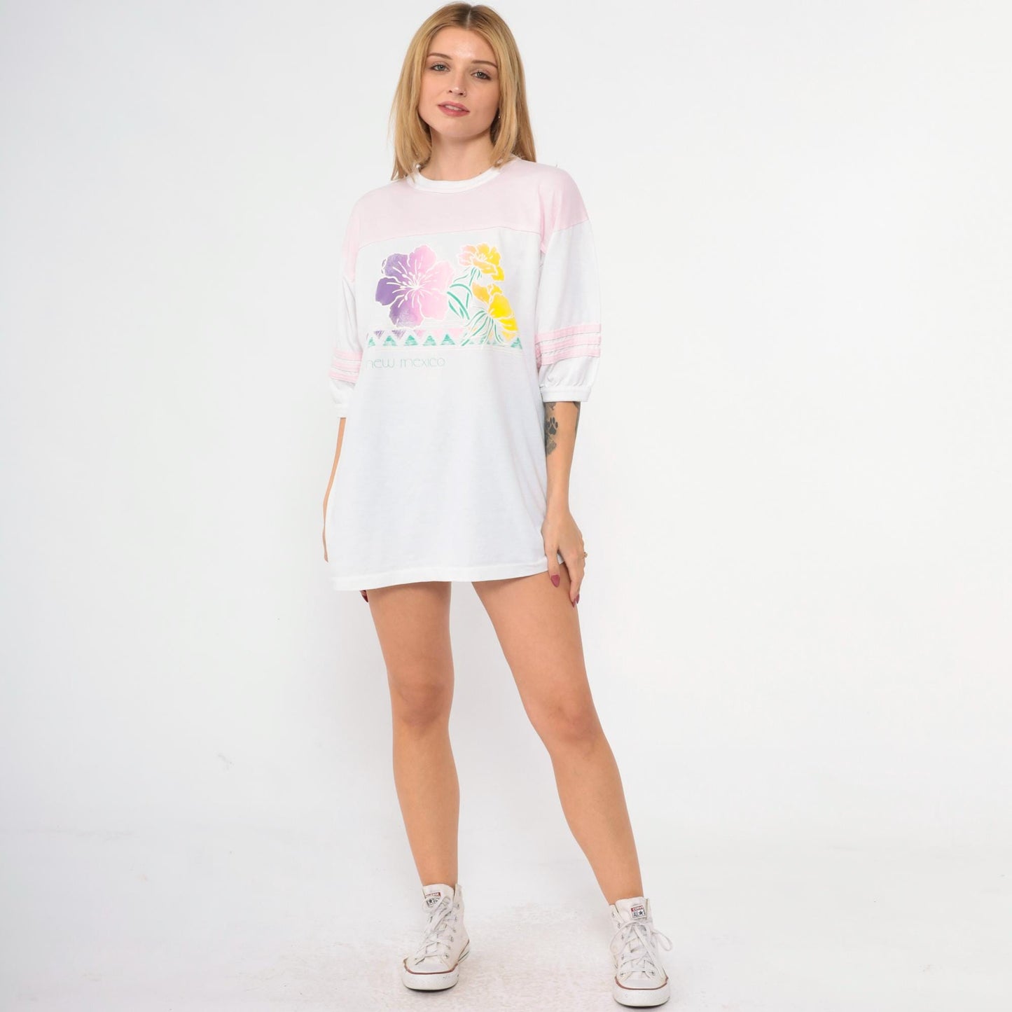 80s New Mexico Floral Ringer T-Shirt Baby Pink White Striped Graphic Tee Extra Large