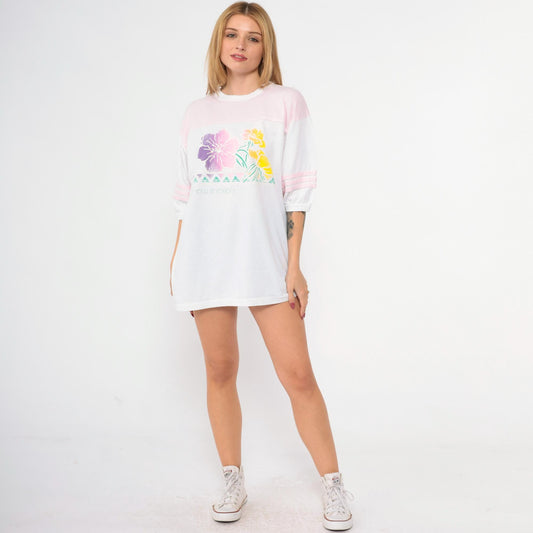 80s New Mexico Floral Ringer T-Shirt Baby Pink White Striped Graphic Tee Extra Large