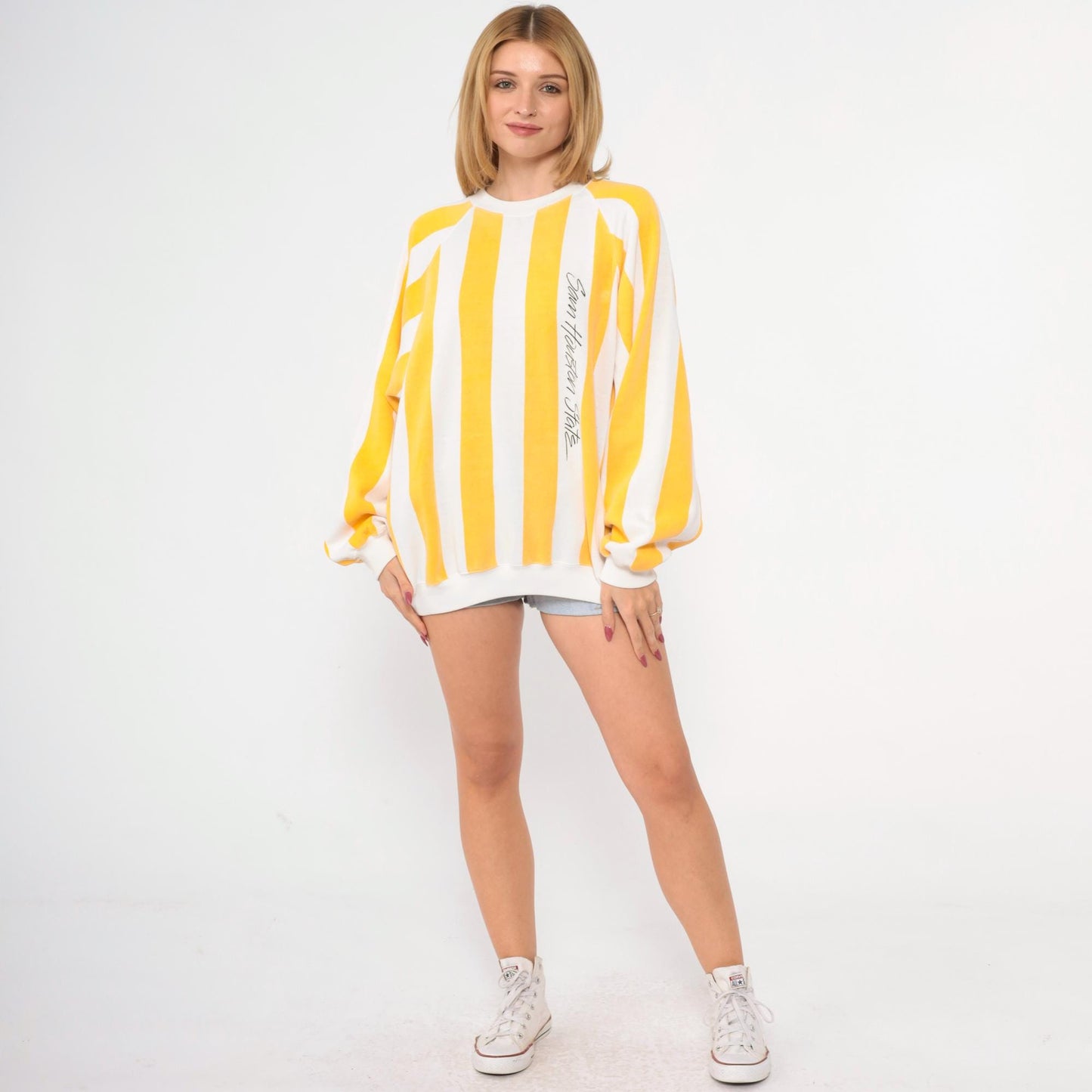 90s Sam Houston State Sweatshirt Yellow White Striped Crewneck Large L