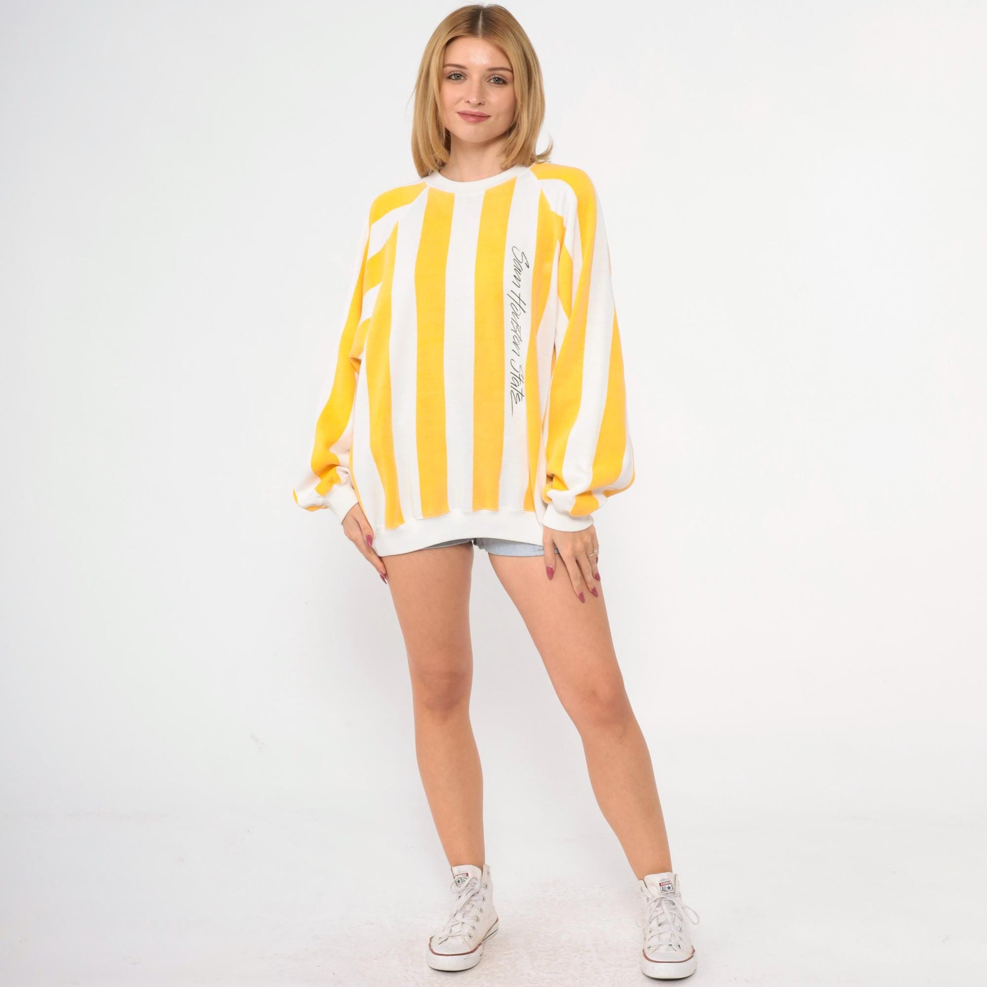 90s Sam Houston State Sweatshirt Yellow White Striped Crewneck Large L