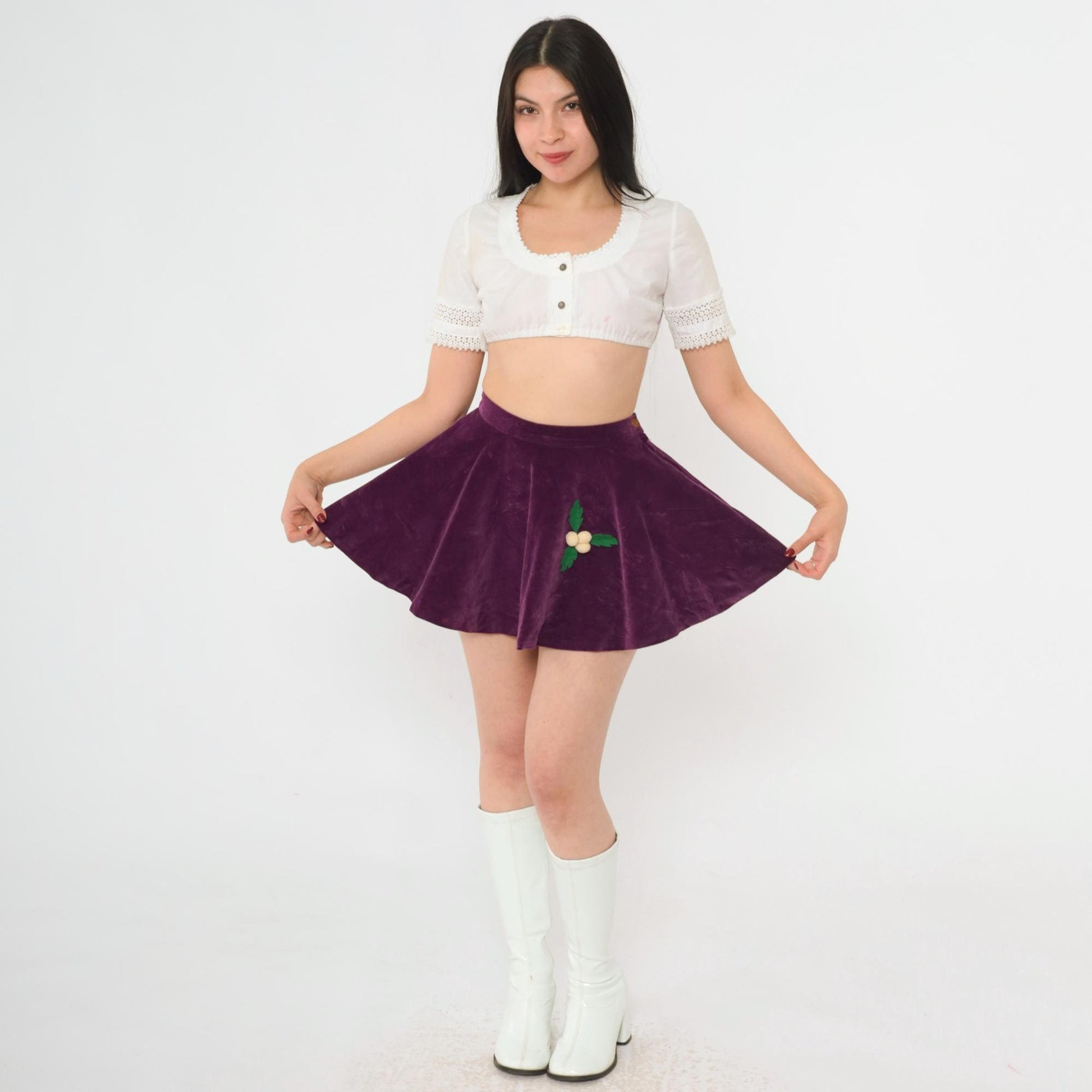 60s Purple Velvet Circle Mini Skirt Appliqué Berries Leaves 2XS