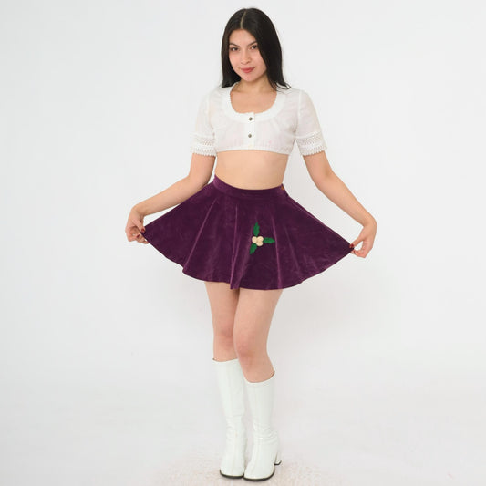 60s Purple Velvet Circle Mini Skirt Appliqué Berries Leaves 2XS