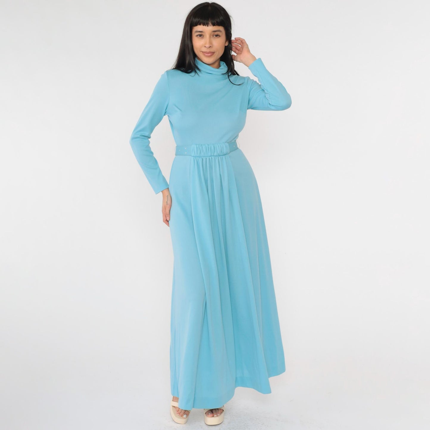 70s Light Blue Maxi Dress Draped A-Line Mock Neck Rhinestone Belt Small
