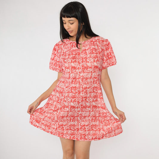 70s Abstract Red Mini Dress Puff Sleeve A-Line Shift Extra Large