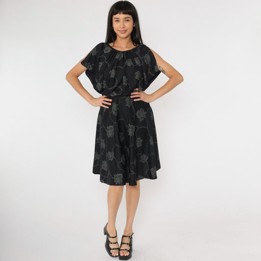 70s Black Floral Midi Dress High Waist Flutter Sleeve Small