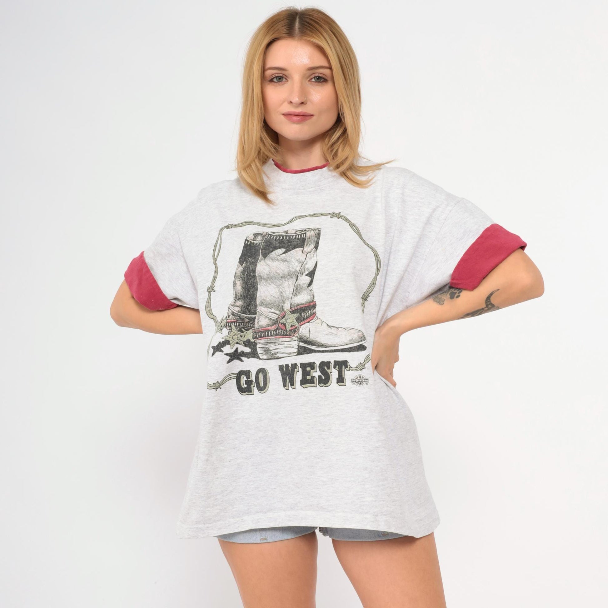 90s Go West Cowboy Boot Graphic T-Shirt Burgundy Cuffed Sleeve Grey Extra Large