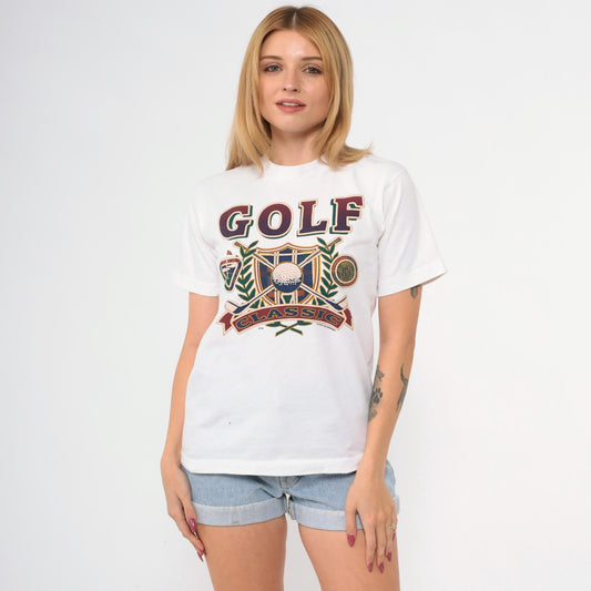90s Golf Classic Crest Graphic T-Shirt Single Stitch White Extra Small