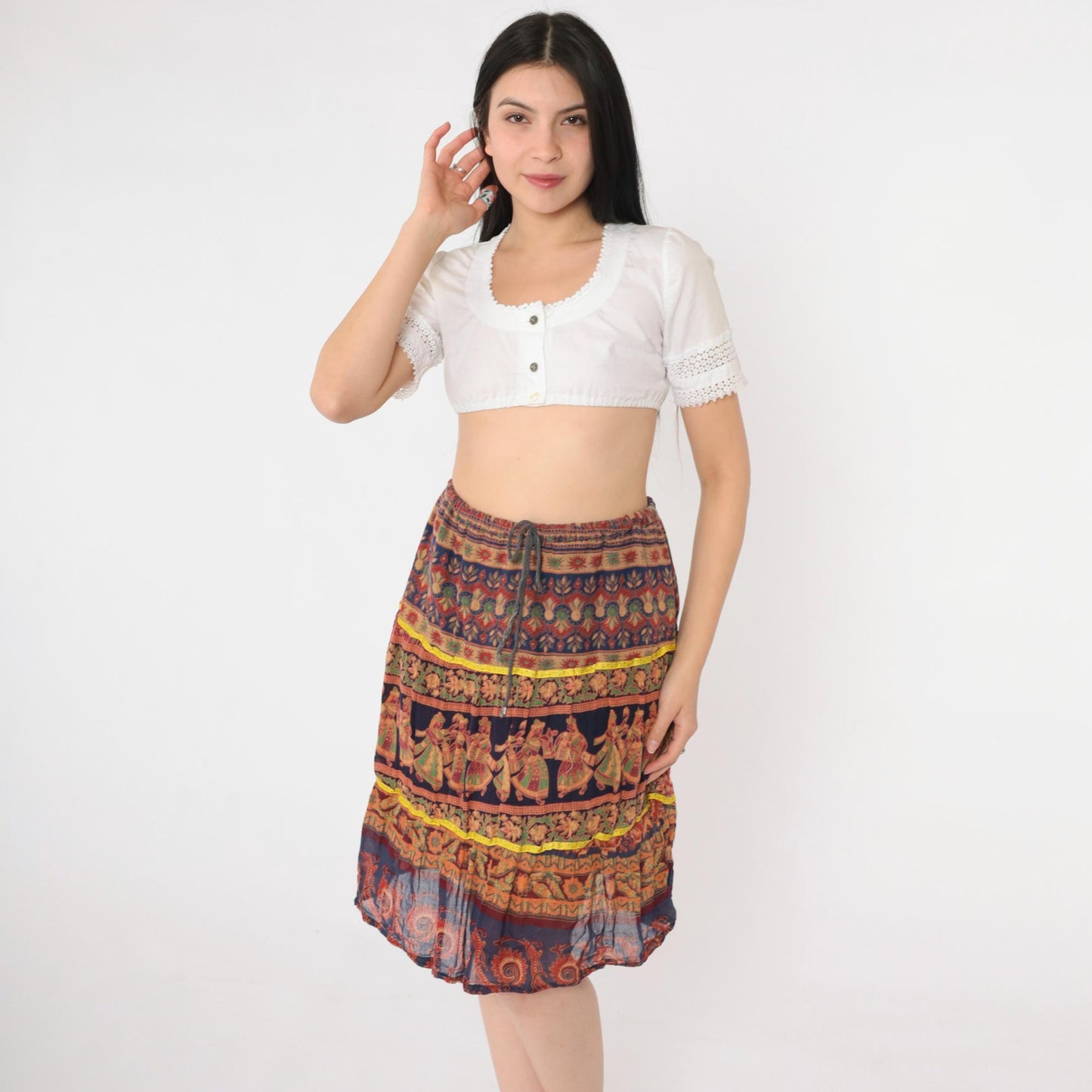 90s Broomstick Skirt Indian Dancer Floral Print Knee-Length Red Blue Small Medium