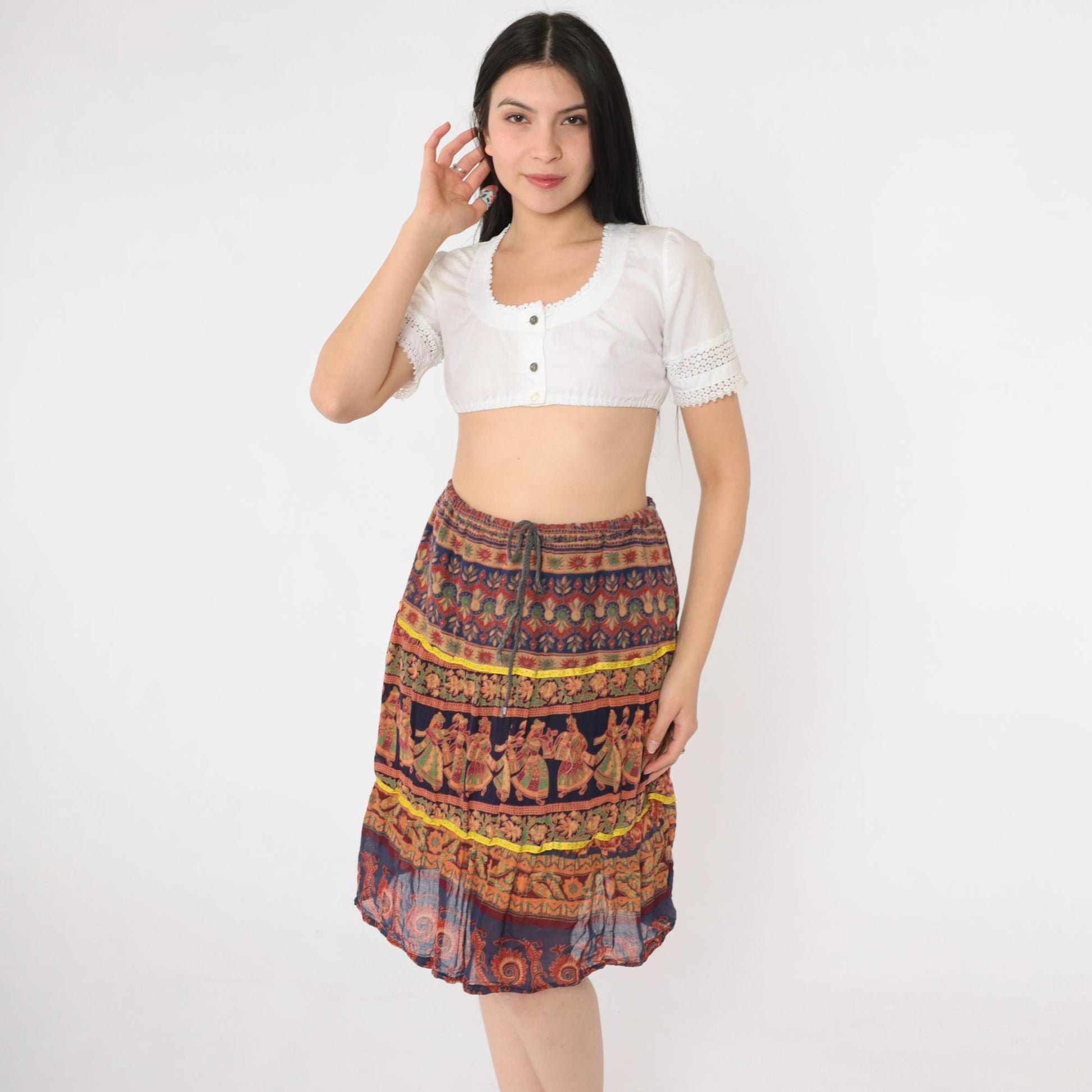90s Broomstick Skirt Indian Dancer Floral Print Knee-Length Red Blue Small Medium