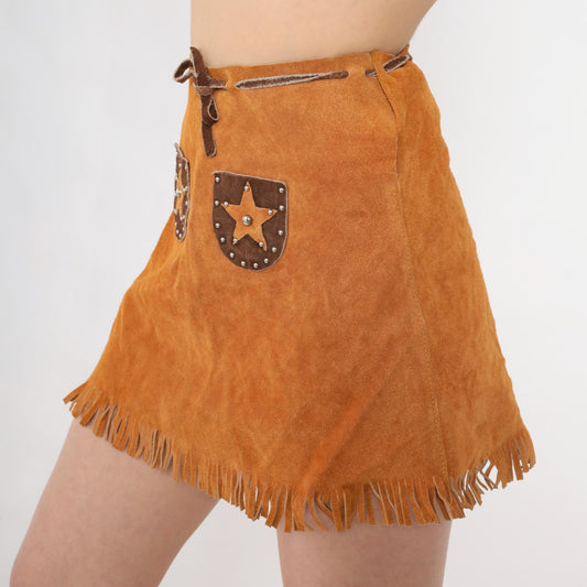90s Brown Suede Fringe Mini Skirt Studded Star Drawstring Waist Extra Small