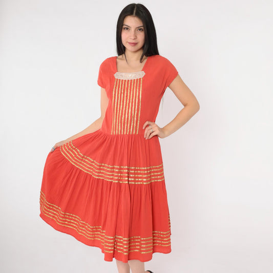 1950s Thunderbird Fashions Orange Crinkle Cotton Patio Dress Square Neckline Medium