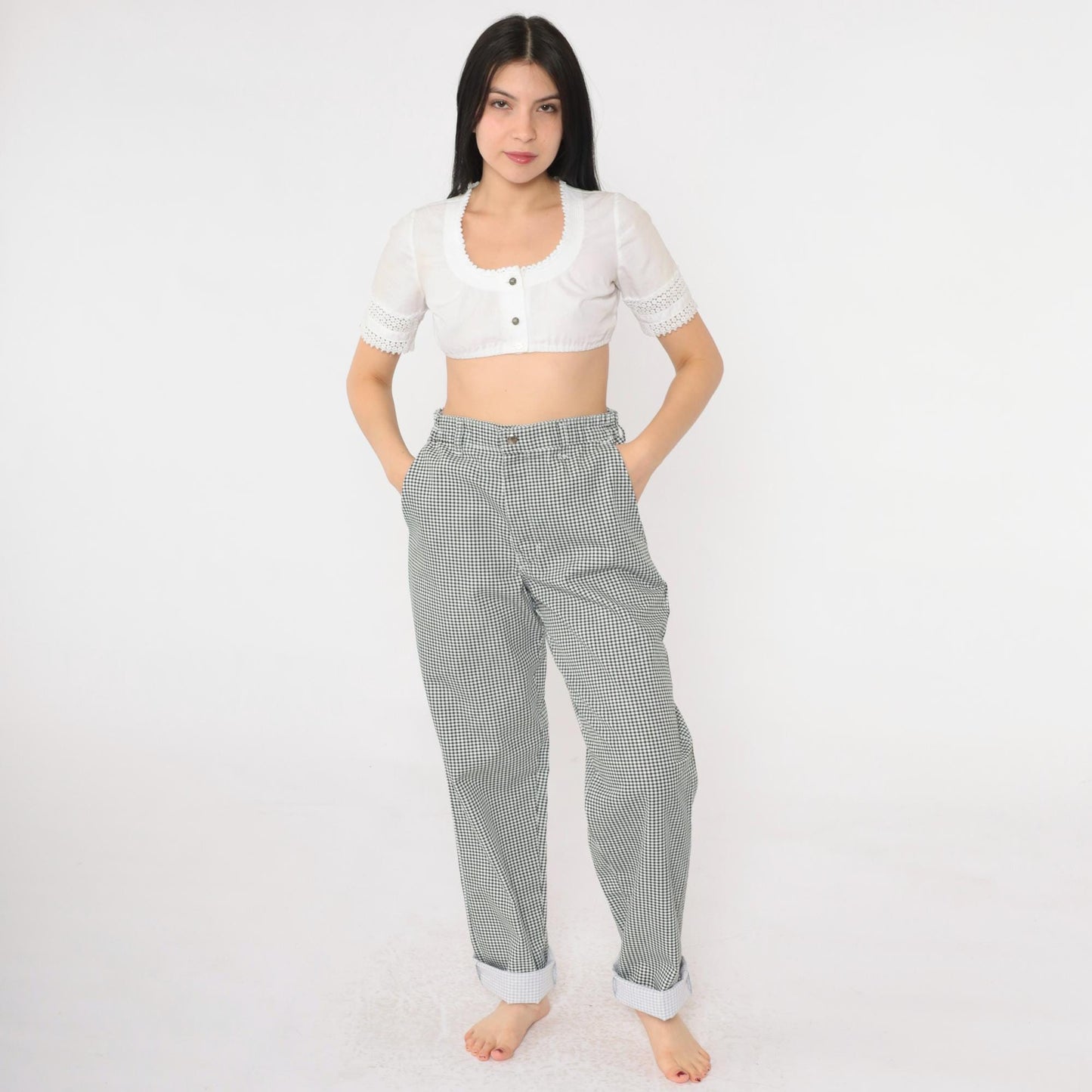 90s Black White Gingham Tapered Trousers High Waist Small S