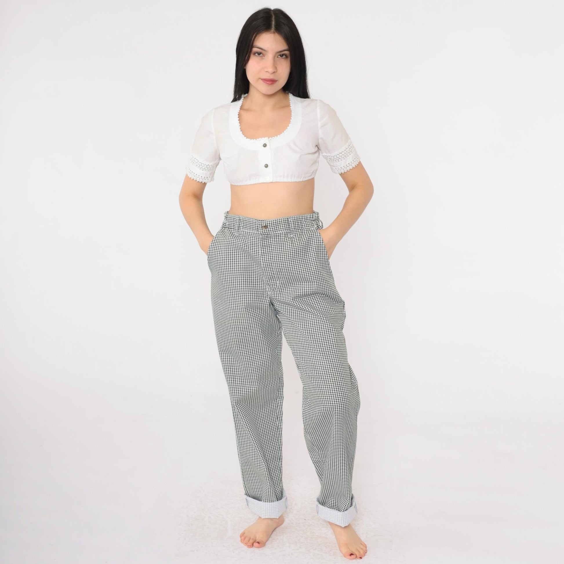 90s Black White Gingham Tapered Trousers High Waist Small S