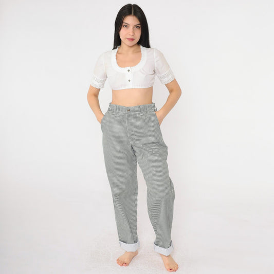 90s Black White Gingham Tapered Trousers High Waist Small S